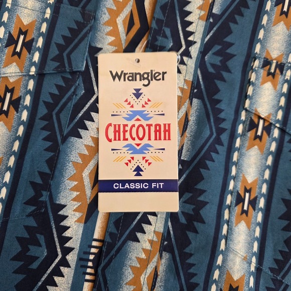 NWT Wrangler Checotah Western Shirt Medium Blue Tan Aztec Southwest Pearl Snap - Picture 10 of 15